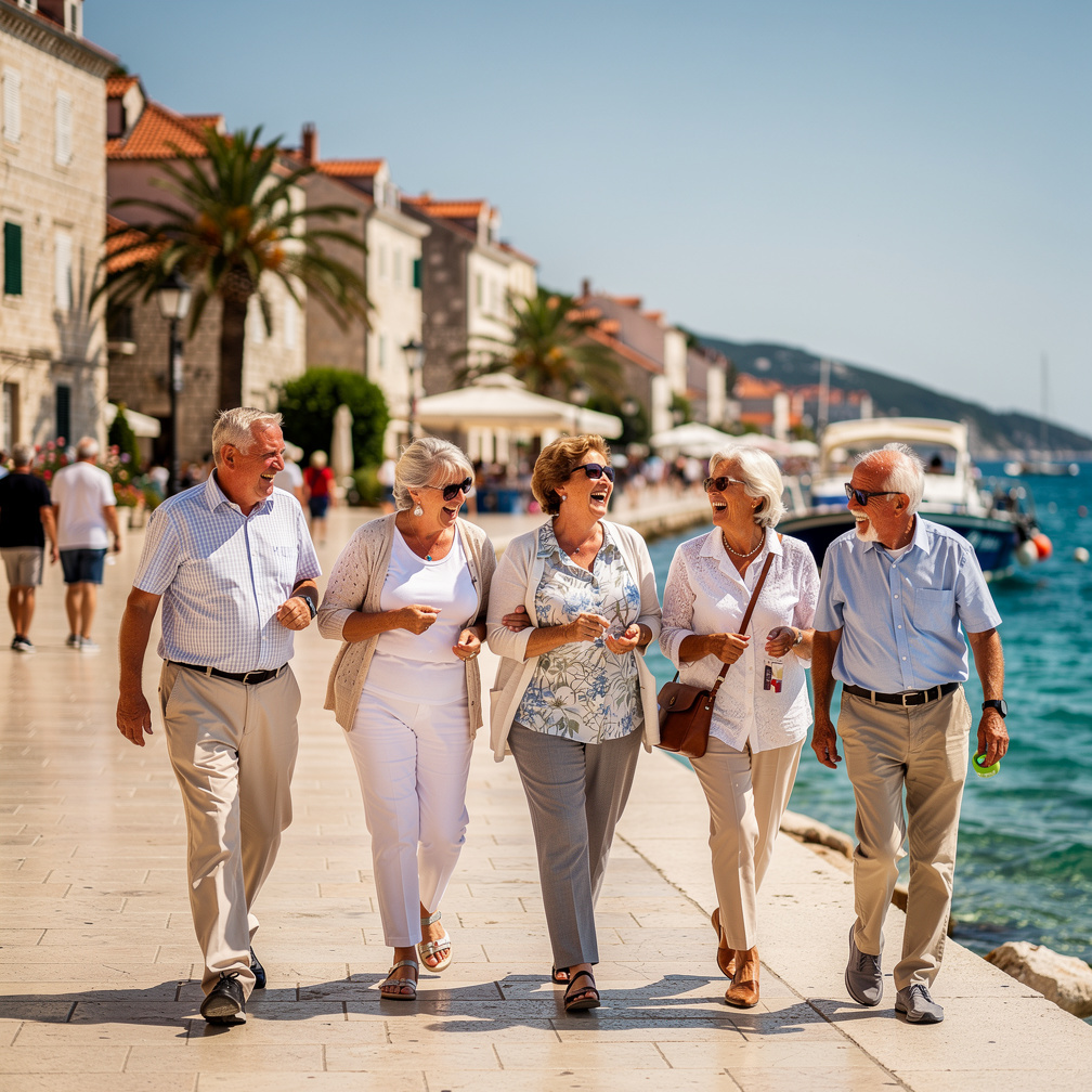 Group of smiling Croatian senior friends walking together outdoors on a sunny day